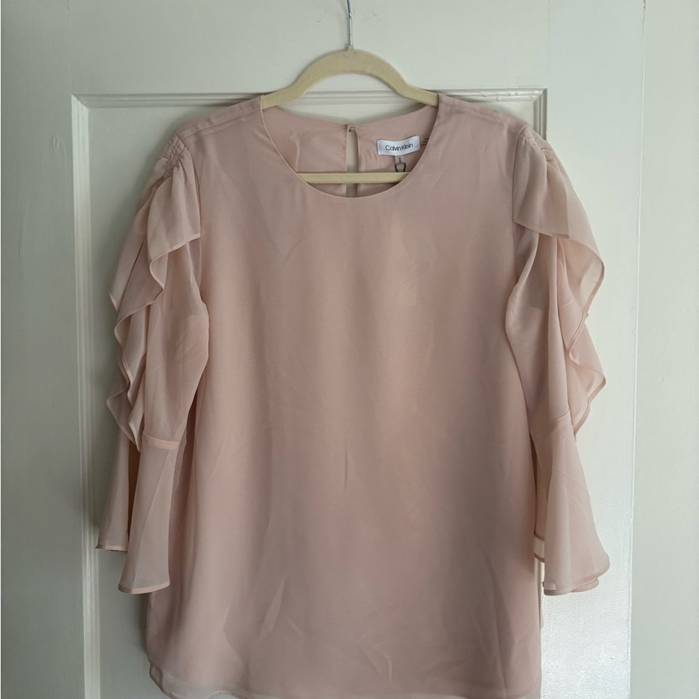 Calvin Klein Pink Flutter Sleeve Ruffled Blouse